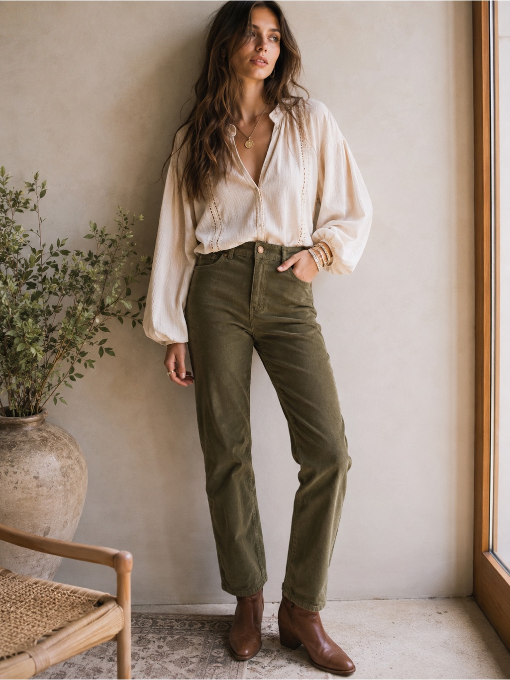 Jones & Co Olive Corduroy High Waist Straight Leg Pants Size 6